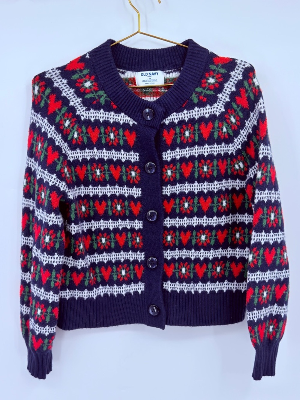 Old Navy Heart Print Cardigan XS Cozy Knit Holiday Sweater Navy Red Fair Isle